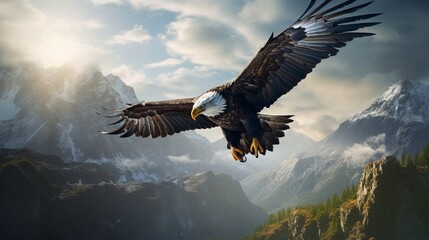 Majestic bald eagle soaring high above a rugged mountain range, its sharp eyes focused on the distant landscape as it searches for prey.
