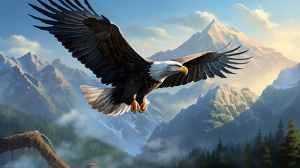 Majestic bald eagle soaring high above a rugged mountain range, its sharp eyes focused on the distant landscape as it searches for prey. - obrazy, fototapety, plakaty