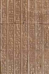 Small egyptian hieroglyphs carved on golden wall