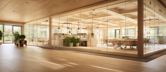 Spacious room in wooden office building with sound-absorbing ceiling and movable glass walls.