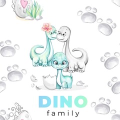 Seamless watercolor pattern cute newborn baby boy dinosaurs family: mom and dad for nursery design in cartoon style for print, wallpaper, fabric