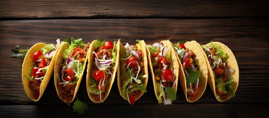 Tacos on wood table.