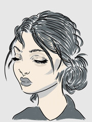 Digital sketch of fictional girl in dark gray tones. Digital illustration for design - 685521047