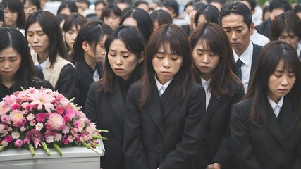 Sad Asian Woman In Funeral Ceremony Background