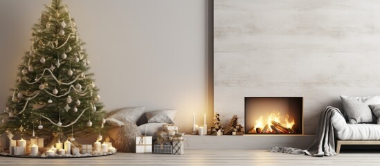 Scandinavian living room with a decorated modern fireplace for Christmas.