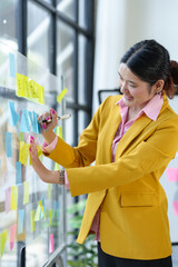 Confident businesswoman planning an event and presenting results. Notes sticky notes on a glass...