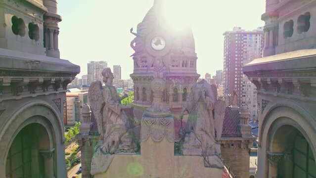 Drone Rise Above Sacramentinos Church Santiago de Chile Landmark, Sunny Skyline