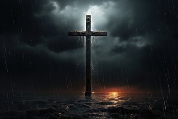 Naklejka premium Cross in the dark with stormy sky