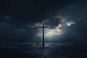 Naklejka premium Cross in the dark with stormy sky