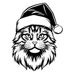 Christmas cat, Cute Maine Coon Cat in Santa hat head, Generative AI.