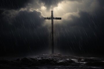 Naklejka premium Cross in the dark with stormy sky