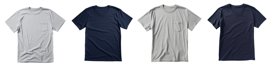 A set of t-shirt mockups in different colors isolated on a transparent background.