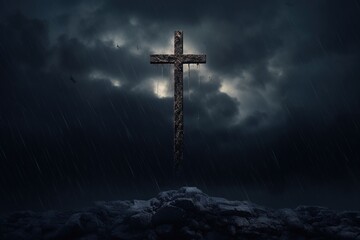 Naklejka premium Cross in the dark with stormy sky