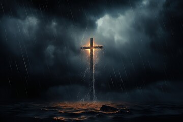 Naklejka premium Cross in the dark with stormy sky