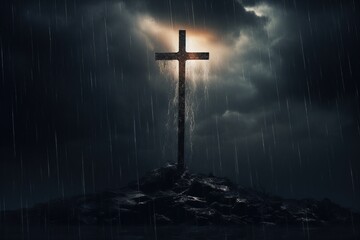 Naklejka premium Cross in the dark with stormy sky