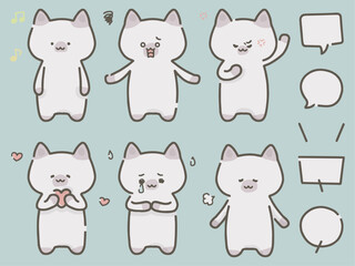 感情表現する手描き風のかわいい猫のイラストセット
