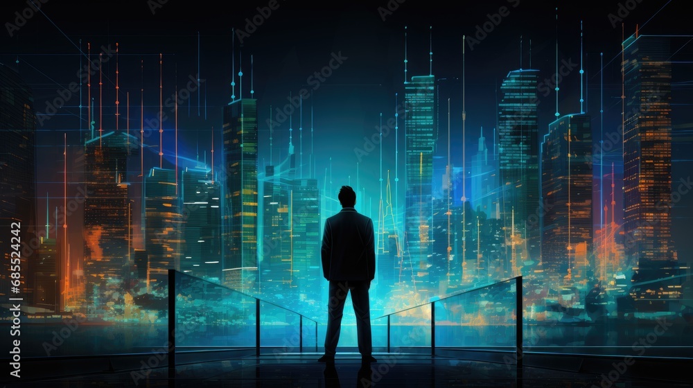 Poster business concept background with businessman analyzing dan calculating data. financial growth goals 