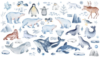 Northern animals on an isolated background. Watercolor wildlife set. Polar bears and penguins with an underwater whale. Hand-drawn elements for stickers and baby prints. - obrazy, fototapety, plakaty