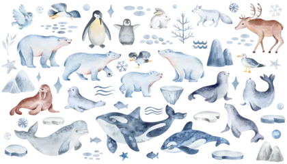 Foto op Canvas Northern animals on an isolated background. Watercolor wildlife set. Polar bears and penguins with an underwater whale. Hand-drawn elements for stickers and baby prints. © Elena