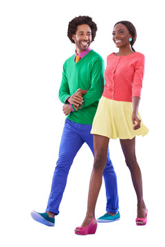 Retro Fashion, Color And Happy Couple Walking Isolated On Transparent Png Background Together On Date. Love, Holding Hands And Smile, Black Woman And Man In Vintage Style, Vibrant Clothes And Romance