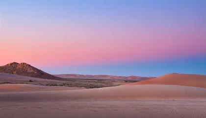 Fototapeta na wymiar Sunrise Expedition: Minimalist Desert Landscape in Pink and Blue Sky, Evoking Travel and Adventure. Generative AI