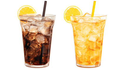 Summer lemonade and iced coffee on a transparent background. 