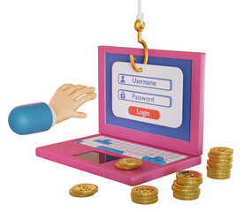 3d hacker steal ID and password to gain access to accounts and steal bitcoin money on transparent background