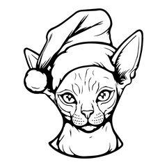 Christmas cat, Cute Sphynx Cat in Santa hat head, Generative AI.