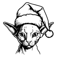 Christmas cat, Cute Sphynx Cat in Santa hat head, Generative AI.