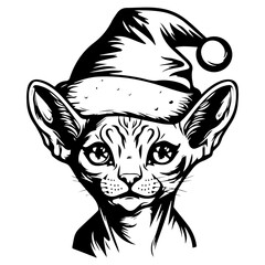 Christmas cat, Cute Sphynx Cat in Santa hat head, Generative AI.