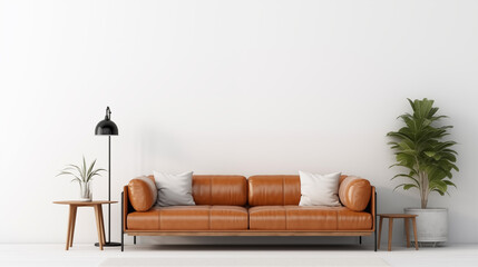 Interior living room wall mockup with leather sofa and decor on white background. 