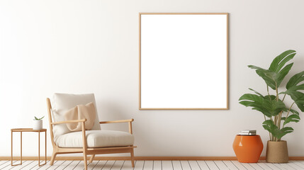 Minimal modern home design with warm furniture colors, poster frame mockup on bright interior background