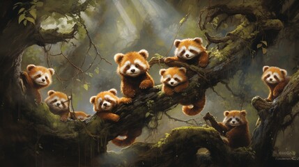 Playful red pandas frolicking in a canopy of ancient trees, their bushy tails adding to the charm of their agile antics.