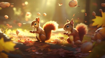 Playful red squirrels gathering acorns in a sun-dappled autumn forest, their bushy tails flicking in excitement, with golden leaves falling gently around them in the breeze. - obrazy, fototapety, plakaty