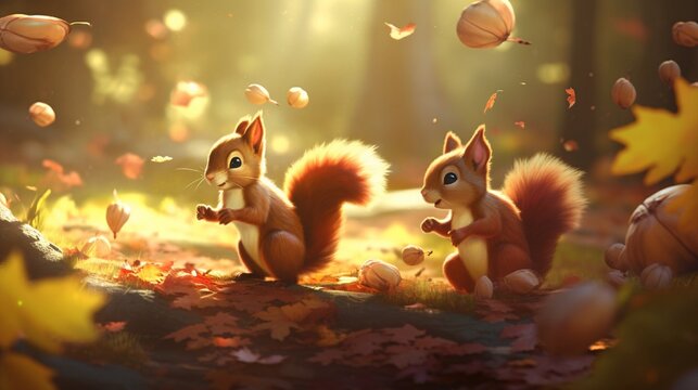 Fototapeta Playful red squirrels gathering acorns in a sun-dappled autumn forest, their bushy tails flicking in excitement, with golden leaves falling gently around them in the breeze.