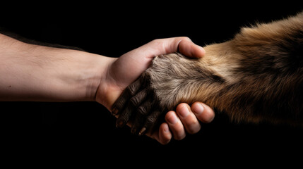 Animal and human handshake. Human hand and animal paw. Collaboration between human and nature and animals. Isolated on black background - obrazy, fototapety, plakaty