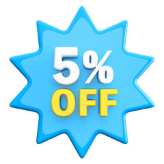 Special 5 percent off sale with number 3d render blue tag label
