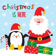 Cute Santa Claus and Penguin with Christmas Gifts