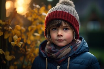 Portrait of a little boy in a knitted hat and scarf on the background of the autumn forest.
