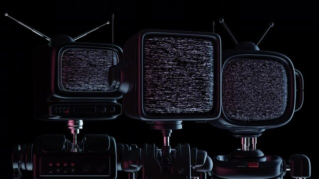 Robot with head in shape of TV or monitor with noisy glitch signal on screen. Creative fashion cartoon 3d animation. Retro futuristic character concept design.