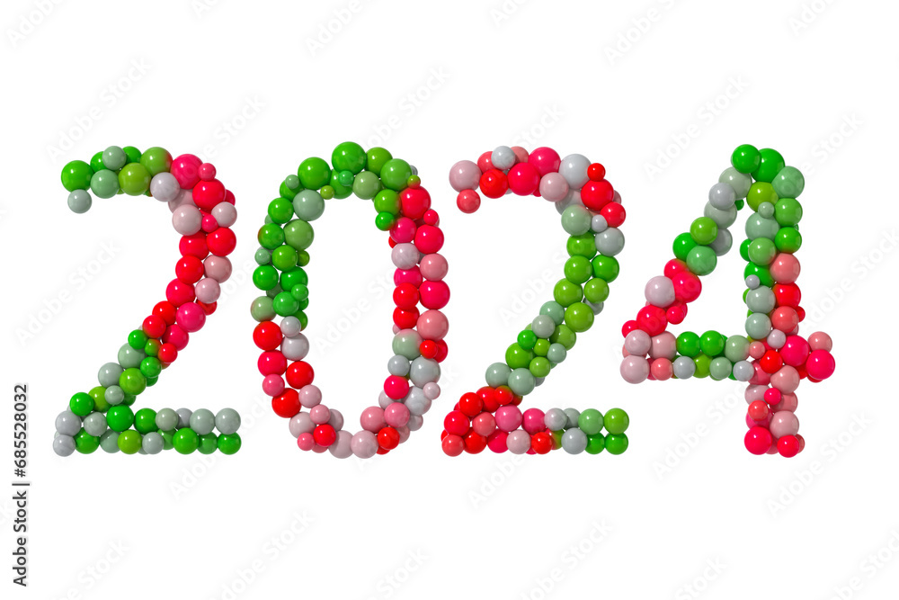 Poster particle sphere style 2024 year on white background. 3d rendering
