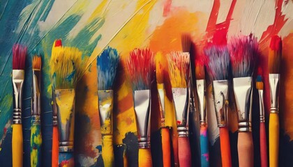Colorful paint brush splashes on canvas. Row of artist paintbrushes closeup on artistic canvas - obrazy, fototapety, plakaty