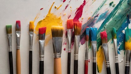 Colorful paint brush splashes on canvas. Row of artist paintbrushes closeup on artistic canvas - obrazy, fototapety, plakaty
