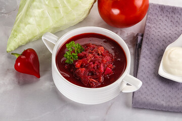 Borsch soup with cabbage and beetroot