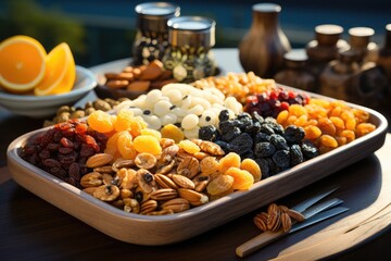 Obraz premium Background from various nuts and dried fruits. Cashews, hazelnuts, peanuts, dried apricots, viburnum, raisins.
