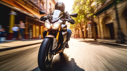 Motorcyclist speeding through sunlit city streets with dynamic motion blur
