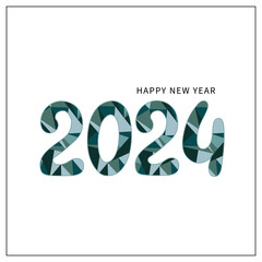 Cute, cozy, minimalistic New year or Christmas card with numbers of the year 2024. Mosaic triangle green pattern design. Vector illustration for product design, banners, cards in cartoon doodle style