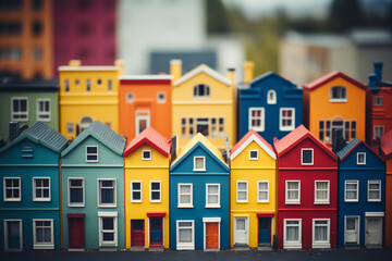 A Tilt-lens photo of beautiful model houses arrange in a row, in classic architectural English Style, with vibrant and saturated colors to add a touch of urban fantasy.