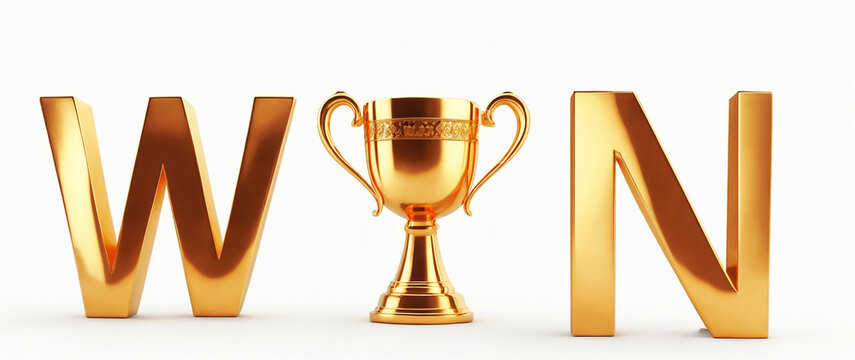 3D rendered gold word text win with a champion's trophy cup, symbolizing victory and success in a golden gleaming display