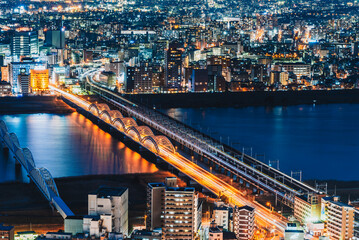 Naklejka premium Aerial view of Osaka cityscape at night 
